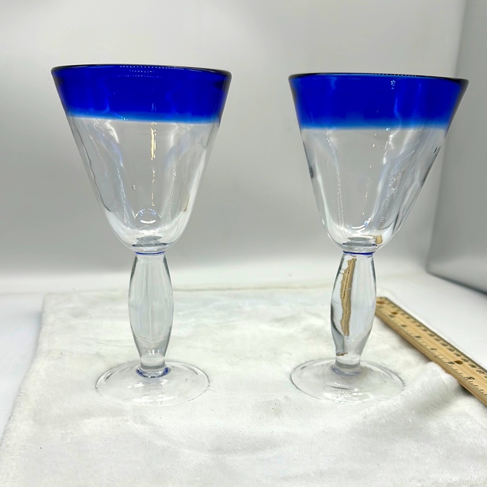 Mexican Hand Blown Bubble Glass Martini/Margarita Glasses Set of 2-Cobalt/Clear